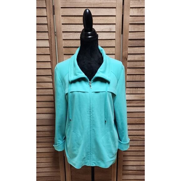 Amber Sun Aqua French Terry Front Zip Tab Sleeve Jacket XL Collared Cardigan - Picture 1 of 7